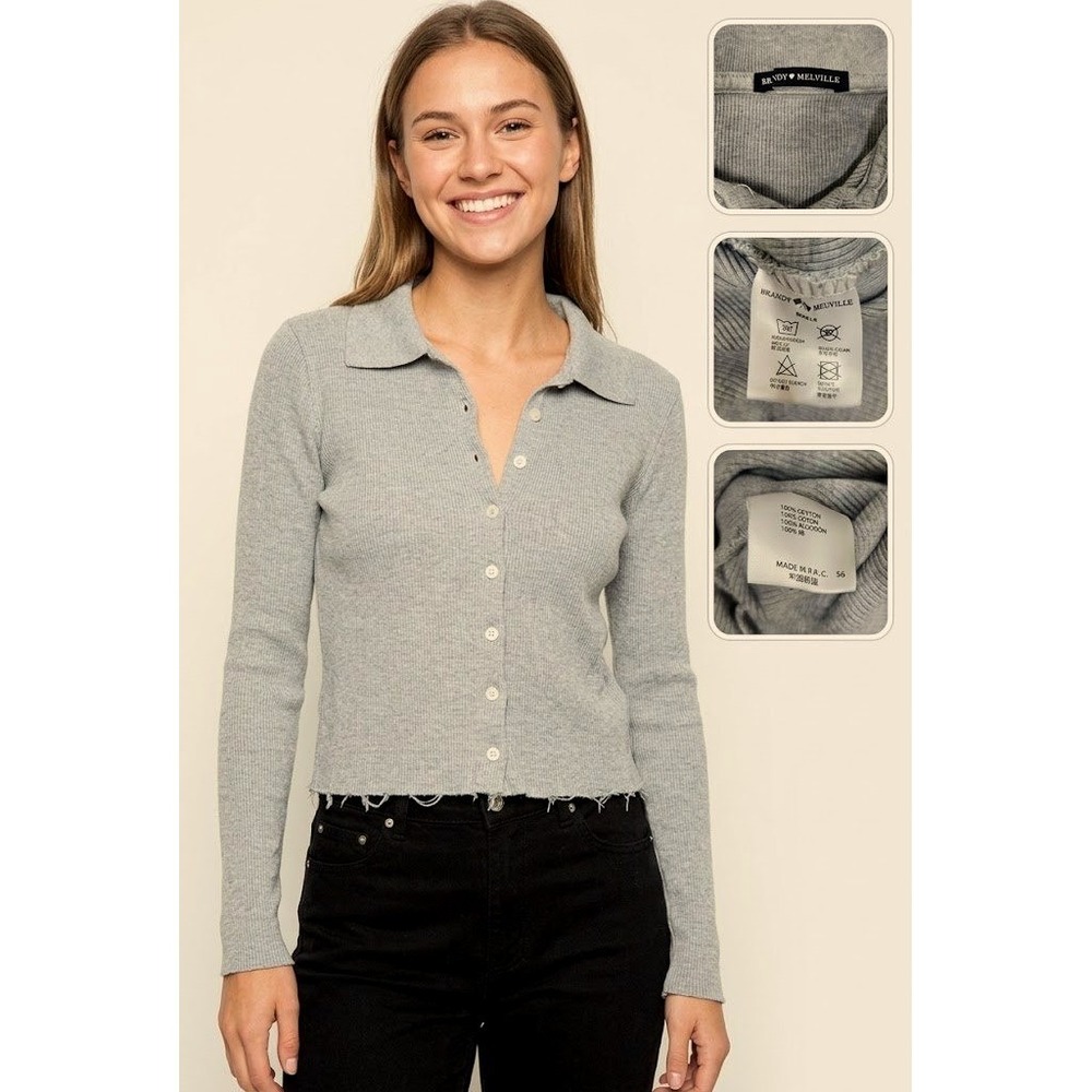 Brandy Melville Zelly Top Womens One Size Gray Good Ribbed Long Sleeve Cardigan